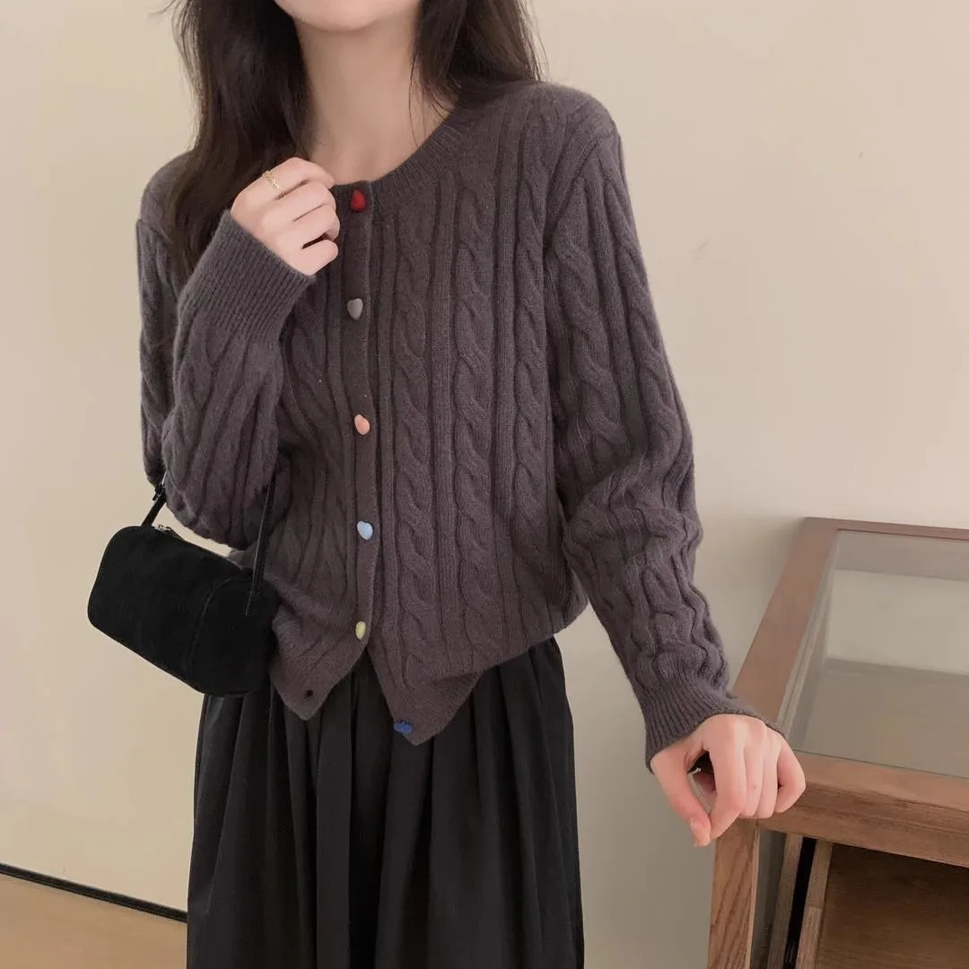 Damski sweter z dzianiny sweter Vintage pełny guzik na rękawie gruby sweter prosty jednolity, na co dzień elegancki płaszcz z dzianiny znosić 2024