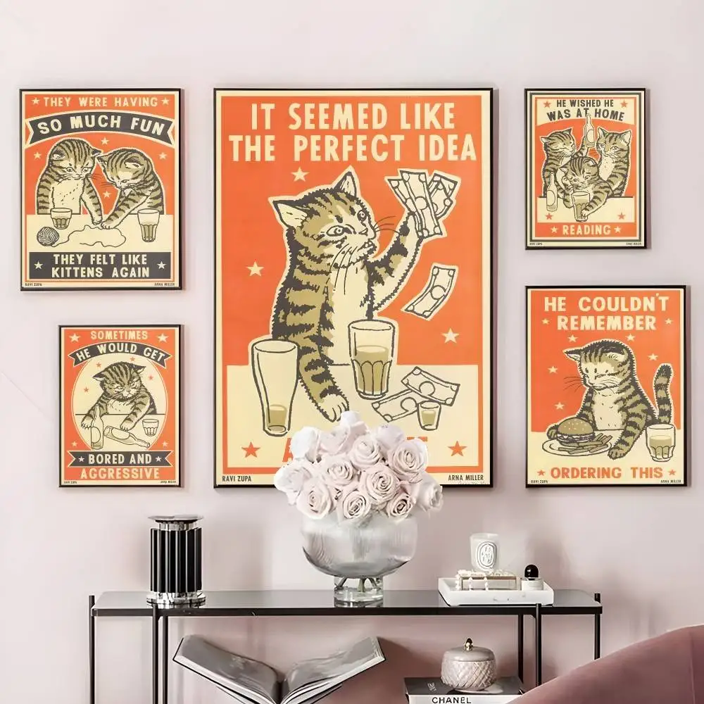 

Artisian D-Drunk Cats Retro Poster Home Living Bed Room Bar Hallway Sticky Wall Art Printing Waterproof Aesthetic Decor