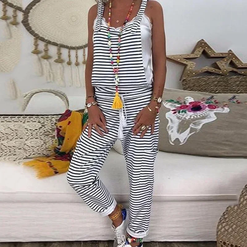 Women Tassel Drawstring Long oversized Jumpsuits 2024 Striped Print Pocket Overalls Summer Loose Casual Female Jumpsuit Stylish