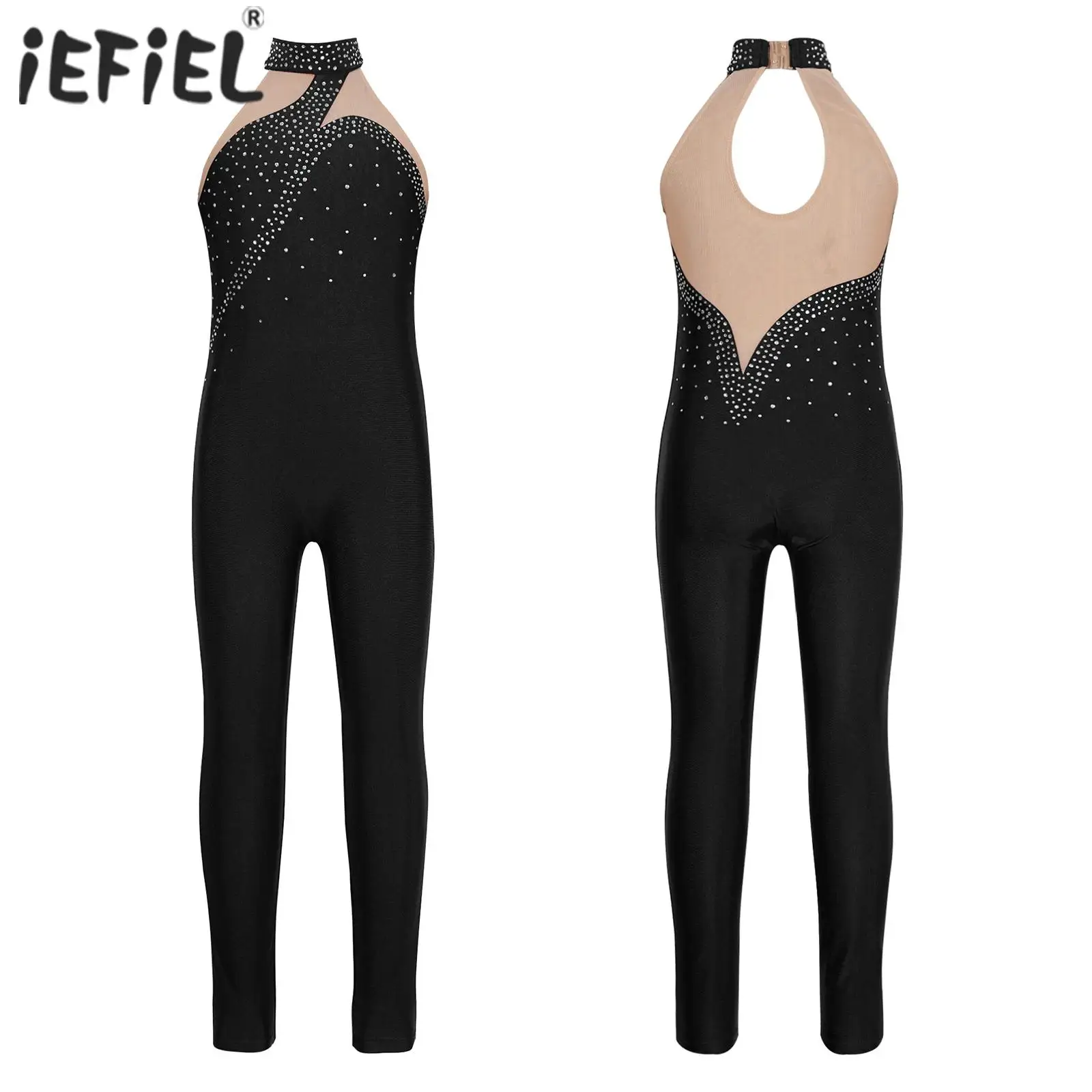 Kids Girls Ballet Gymnastics Jumpsuit Sports Dance Romper Rhinestone Figure Skating Stage Unitard Sheer Mesh Sleeveless Jumpsuit