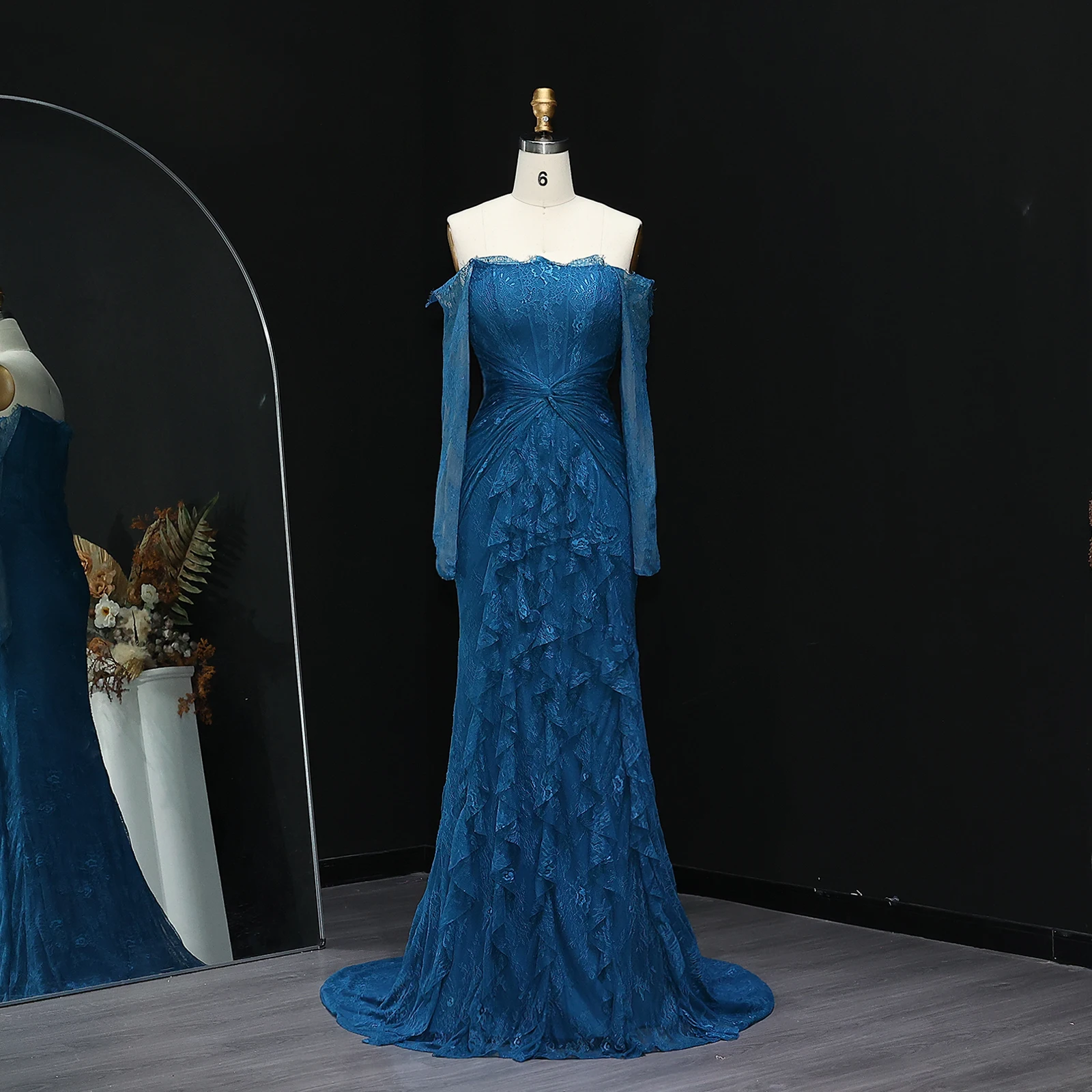 Sharon Said Black Lace Off Shoulder Evening Dress with Long Sleeves Mermaid for Woman Wedding Arabic Prom Gown SF519 Customized image 2