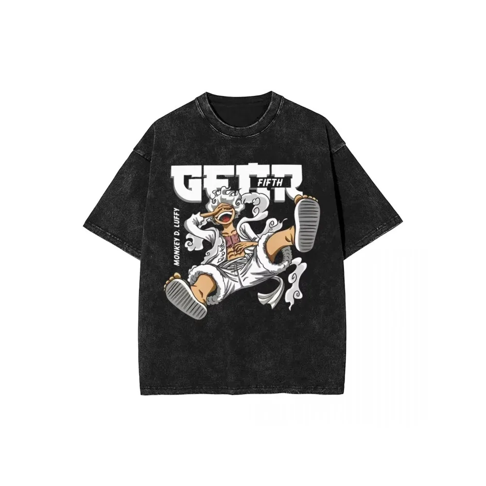 Camiseta lavada para hombre y mujer, camisa de manga corta con estampado de mono D Luffy Gear 5, estilo Hip Hop, Harajuku, Anime, dios del sol, Nika, ropa de calle
