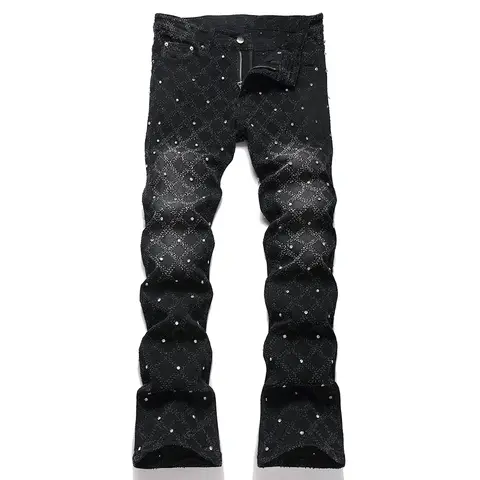 Men's Crystal Boot Cut Jeans Punk Black Stretch Denim Pants Rivet Slim Flared Trousers Fashionable Bootcut Trousers