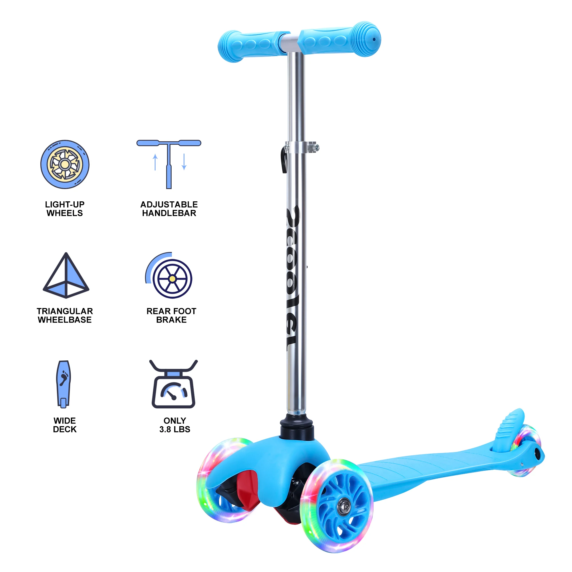 Kids Scooter - 4 Adjustable Height, Extra-Wide Deck with Brake & 3 PU Flashing Wheels, Over 3 Years Old,Blue