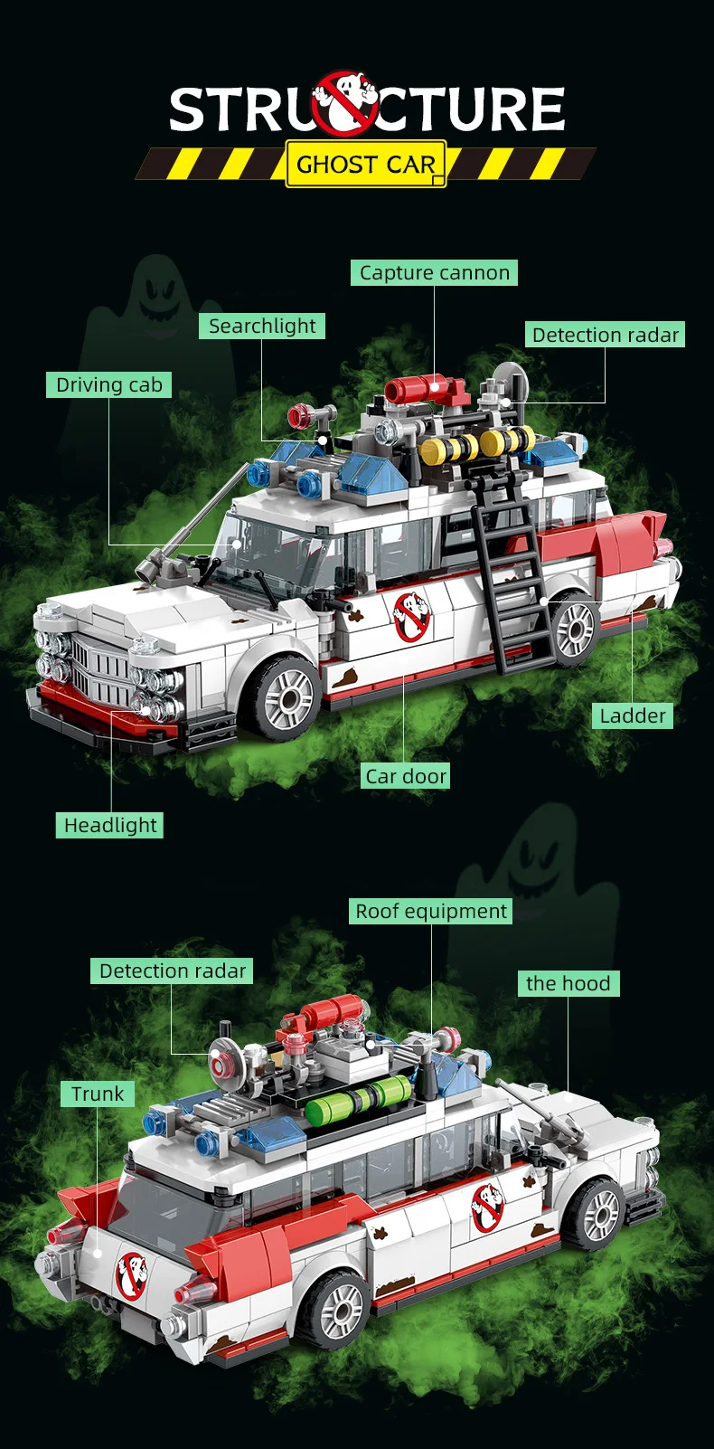 Mini Ghost Rennwagen-Bausteine 562 Teile MOC Retro-Krankenwagen-Bausteine DIY Montage-Spielzeug für Erwachsene Halloween Weihnachten Geburtstagsgeschenk – Detail 2
