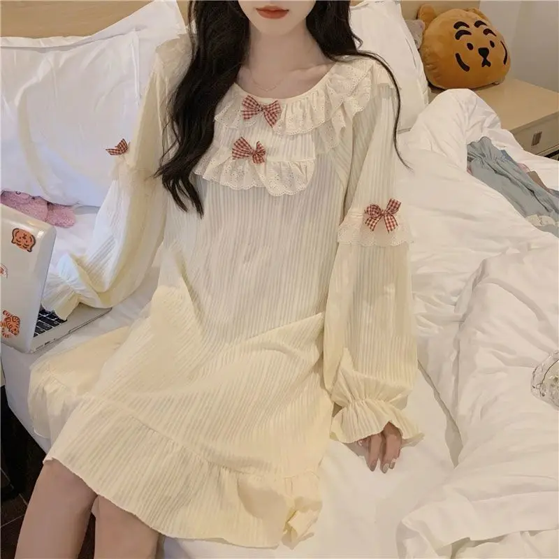 Lace Women Nightgown Korean Sleepwear Ruffle Nightwear Autumn Night Dress Long Sleeve One Piece Pajamas Bow Solid Home Wear New