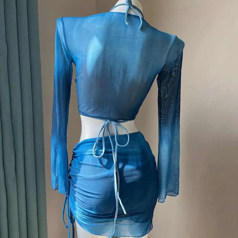Blue Color Tie Dye Bikini Set Mesh Long Sleeve Pleated Skirt Bathing Suit Side Ruched Lace-Up Crop Top Swimwear Set Summer Wear