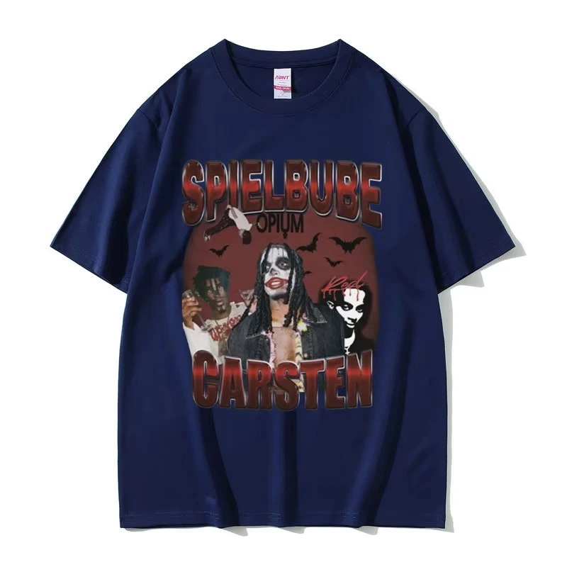 풀 레드 프린트 티셔츠 남성용 레트로 힙합 오버사이즈 티셔츠 랩 가수 플레이보이 카르티 스피엘 부베 카르스텐 오피움 패턴 티셔츠