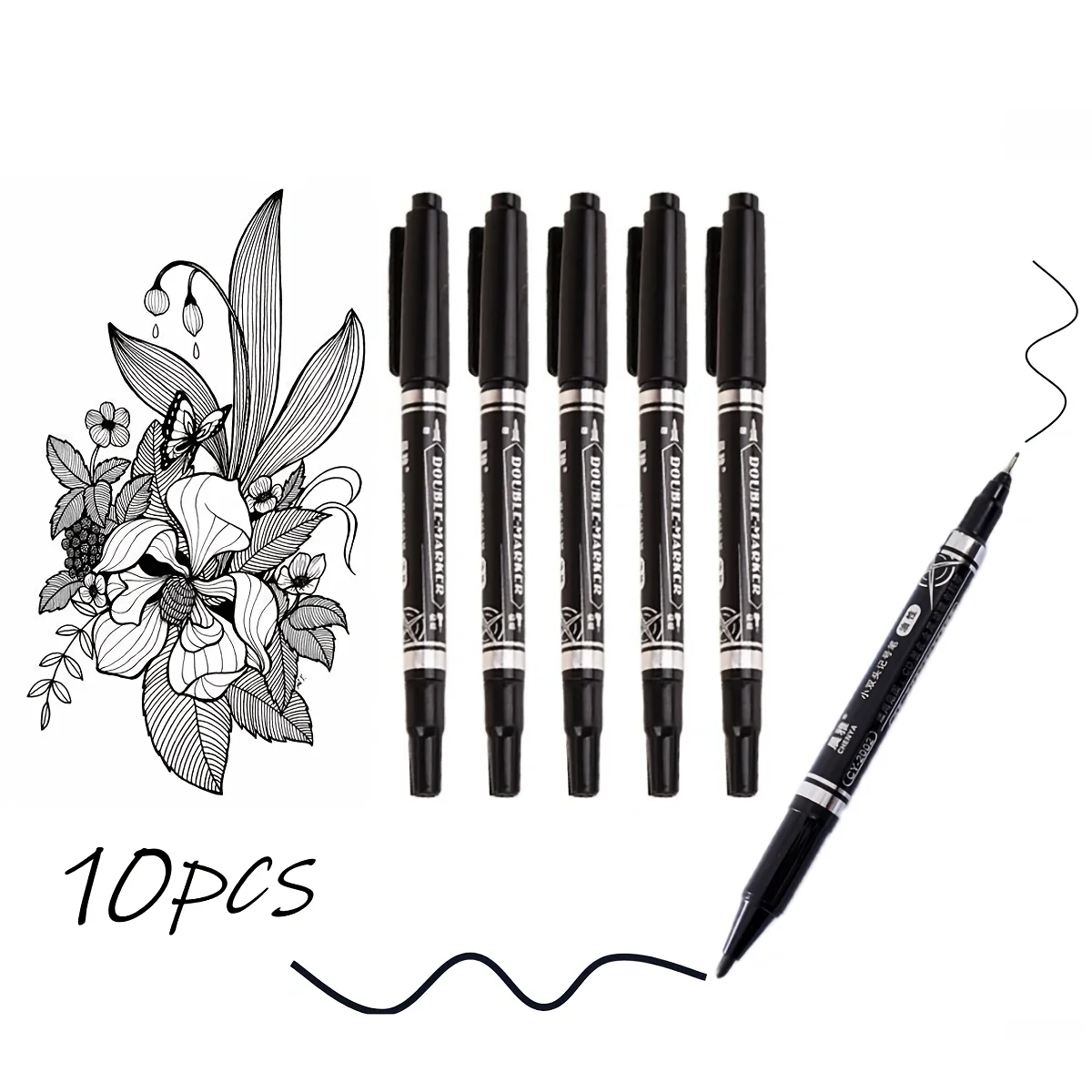 10 marcadores permanentes de doble punta: tinta negra, puntas finas y gruesas – Ideal para dibujar, caligrafía, cuadernos de bocetos, tela, madera