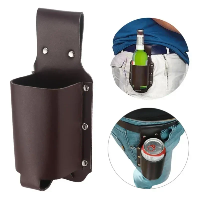 Holster Portable Beer Bottle Waist Belt Bag Leather Wine & Beverage Can Holder for Outdoor Drinking Drink Bottle Case Cover