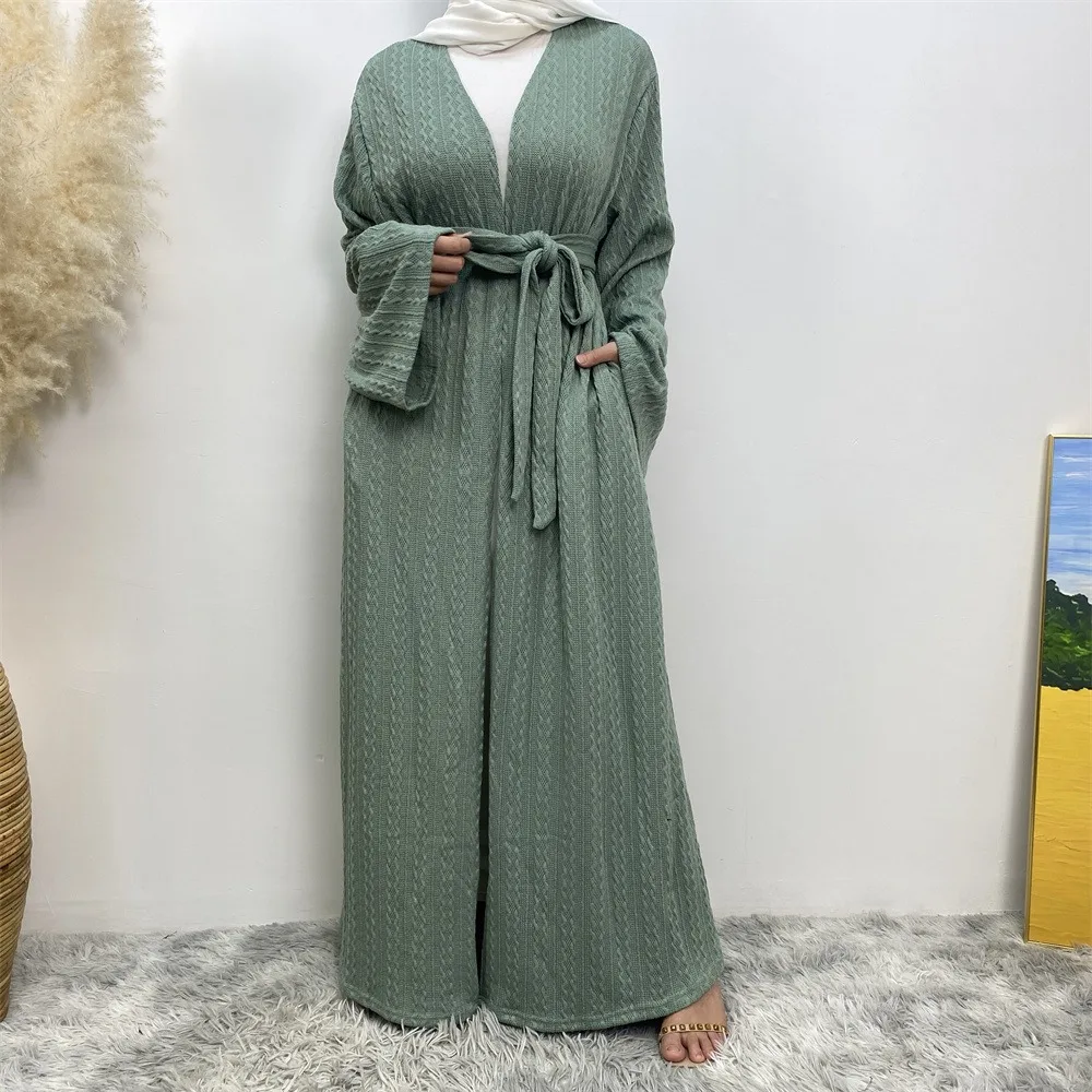 Open Muslim Abaya Knitted Elegant Loose Muslim Robe Pocket Cardigan Islamic Prayer Skirt Ramadan Islamic ClothingMU-955