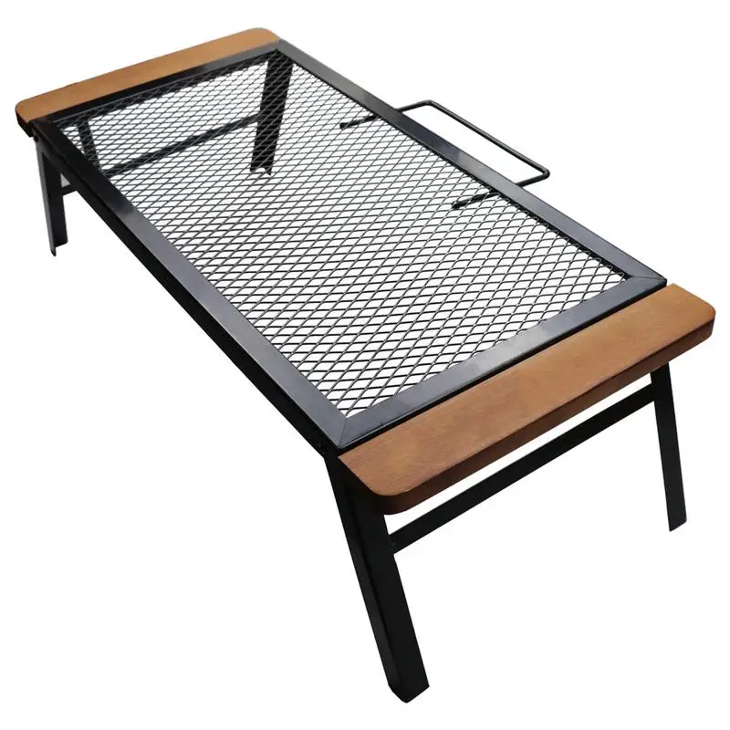 New Outdoor Camping Grill Net Table Heavy-duty Folding Campfire Grill Rack Portable Wooden Barbecue Iron Table Kitchen Utensils