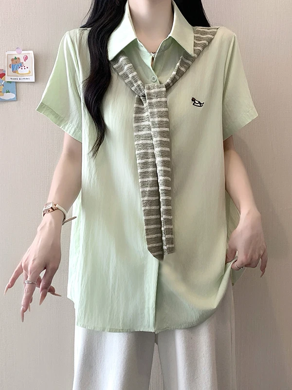

plus Size Slimming Striped Short Sleeve Shirt Korean Style Loose Fit Casual Summer New Arrival Women's Fashion Inner Wear Top