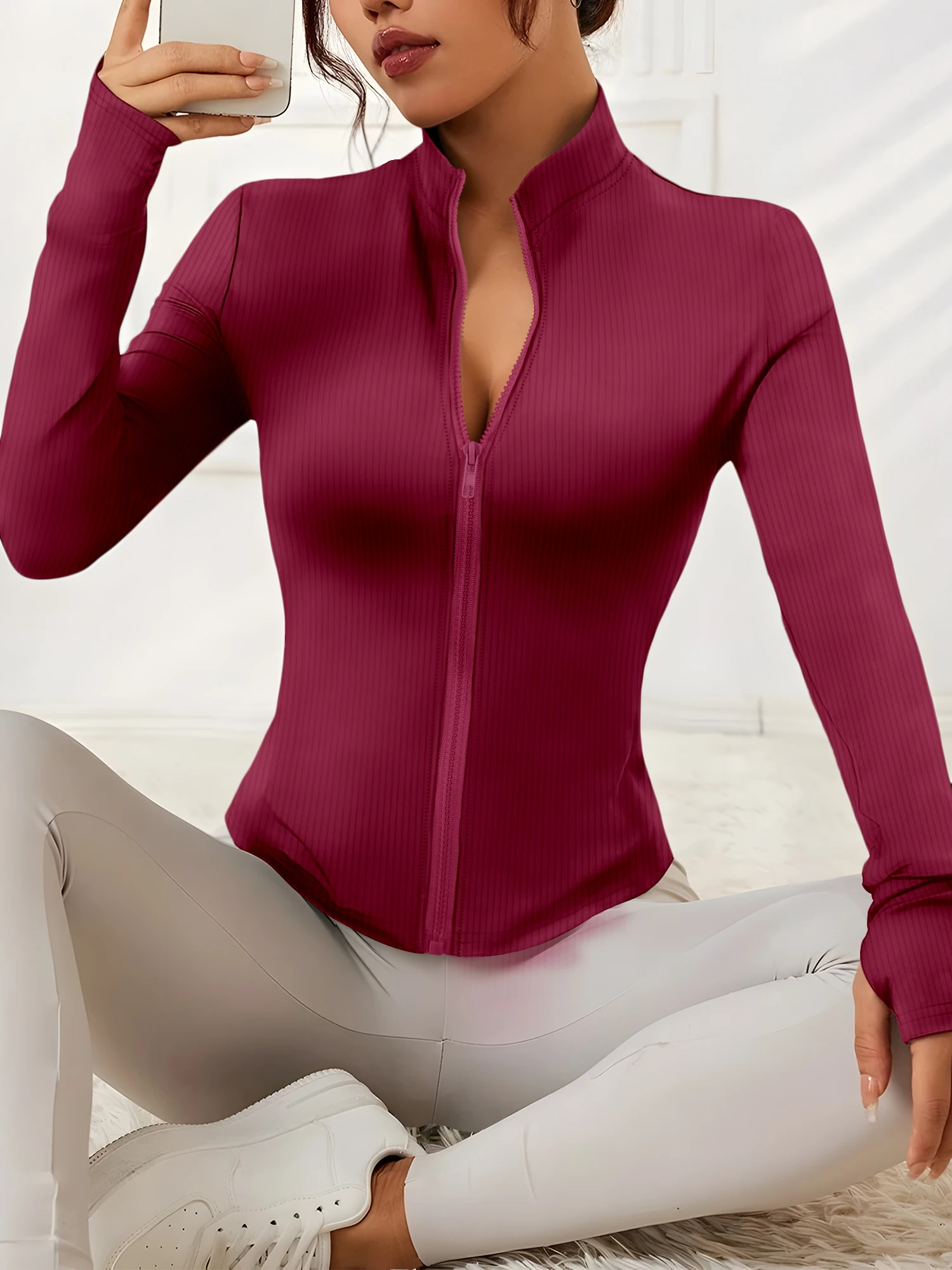 Vintage Streetwear Women Rib Knit Full Zipper Crop Jacket Stand Collar Long Sleeve Bodycon Casual Outer Coat