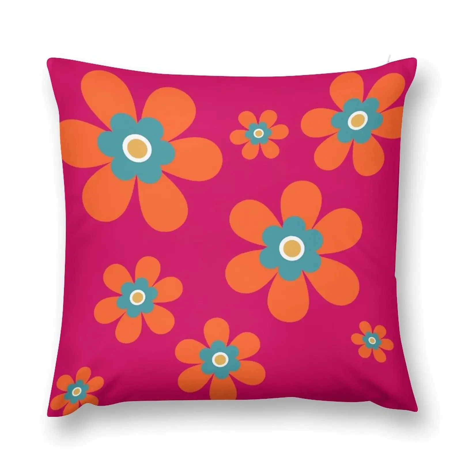 Cute retro 70s colorful autumn flower power bright orange and hot pink graphic pattern. Caroline Laursen Original Throw Pillow