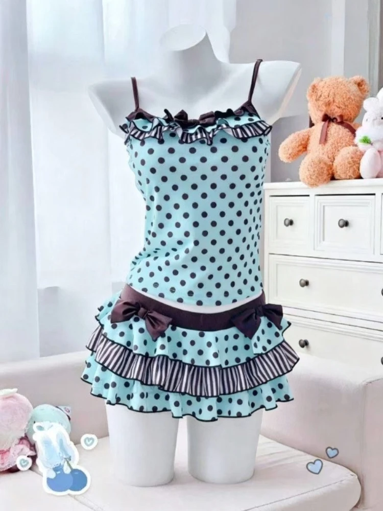 Sexy Kawaii Lolita Two Piece Swimwear Women Floral Print Ruffle Crop Top Skirt Design Summer Casual Outfit