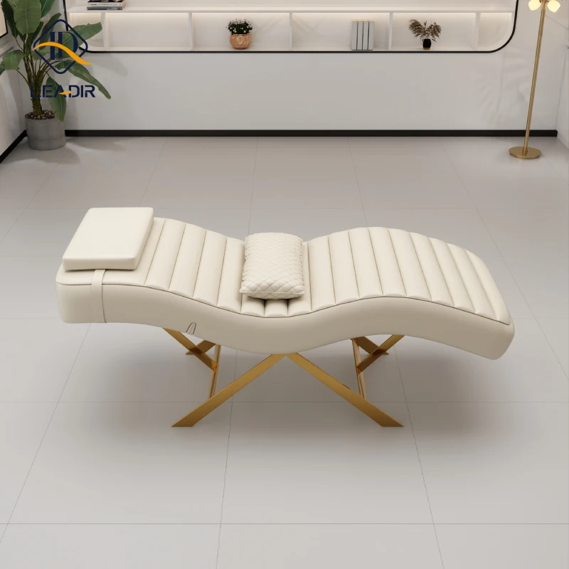 Leadir  Gold Base Salon Spa Furniture Lifting Lash Bed Beauty Massage Bed with Light White Beauty Bed