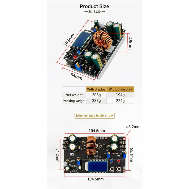 ABZZ-2X ZK-SJ20 Automatic Step Up Down Module MPPT With LCD Display Buck Boost Converter Power Supply Module Adjustable Board