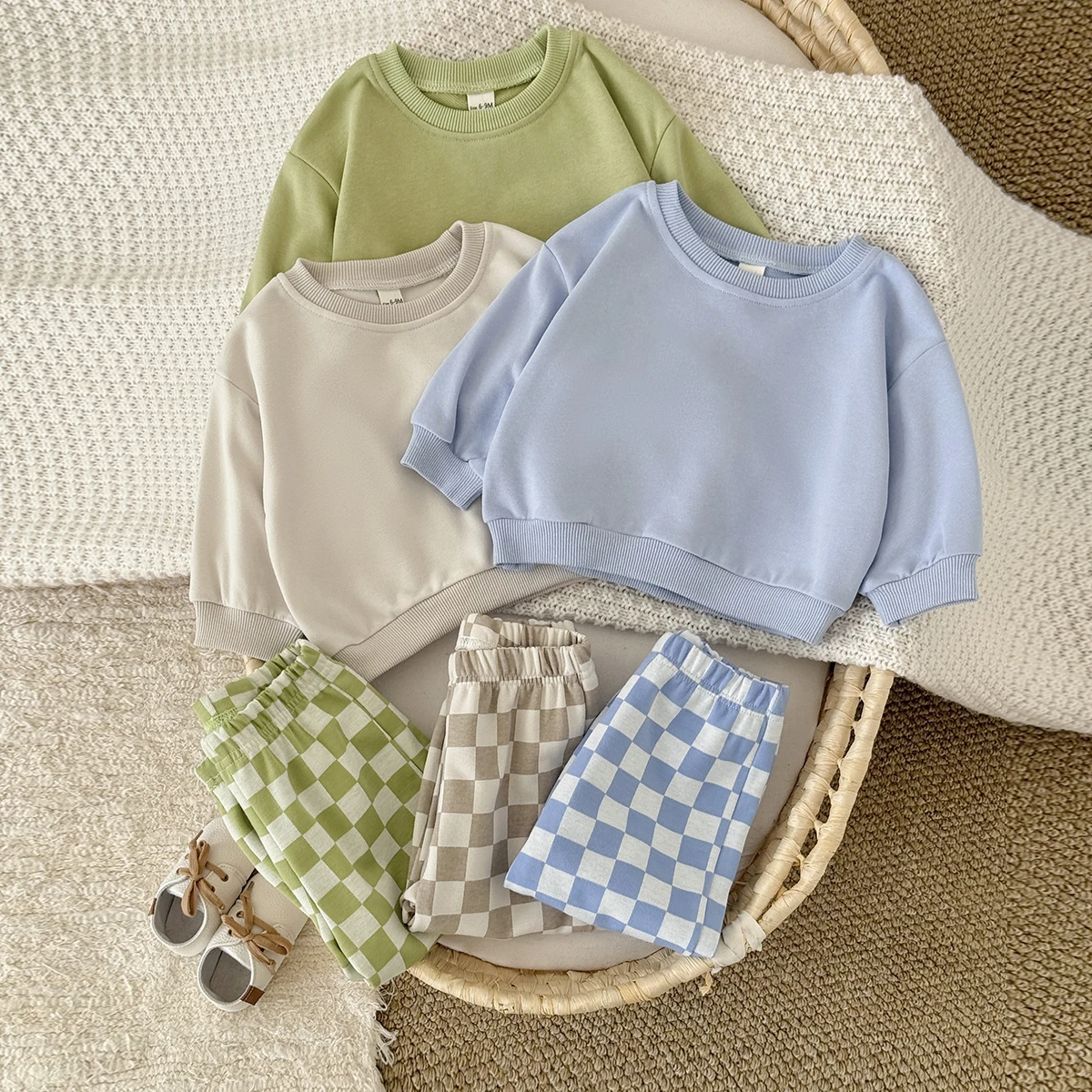 Frühling/Herbst Baby-Set 0-3 Jahre Kapuzenpullover Einfarbiges Oberteil+Karierte Hose Bequemes Stylisches Baby-Outfit für den Herbst – Detail 3