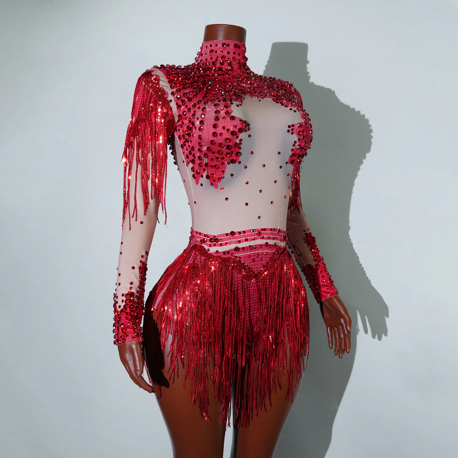 Strass borla bodysuit feminino brilho lantejoulas gogo traje palco dançarino desempenho festa de aniversário clube wear