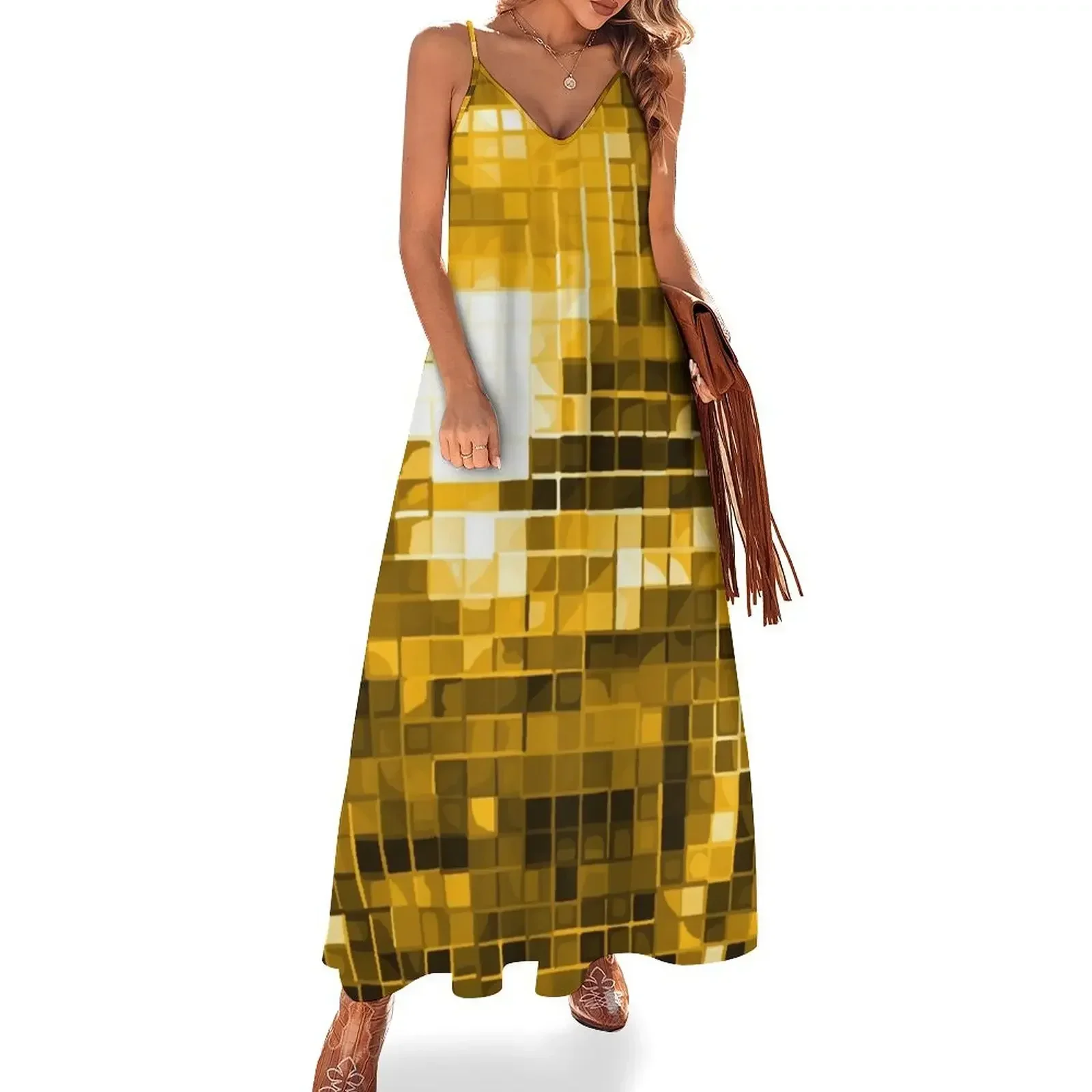 

Gold Yellow Disco Ball Pattern Sleeveless Dress summer dress womens 2025 Woman clothes women's evening dress 2025