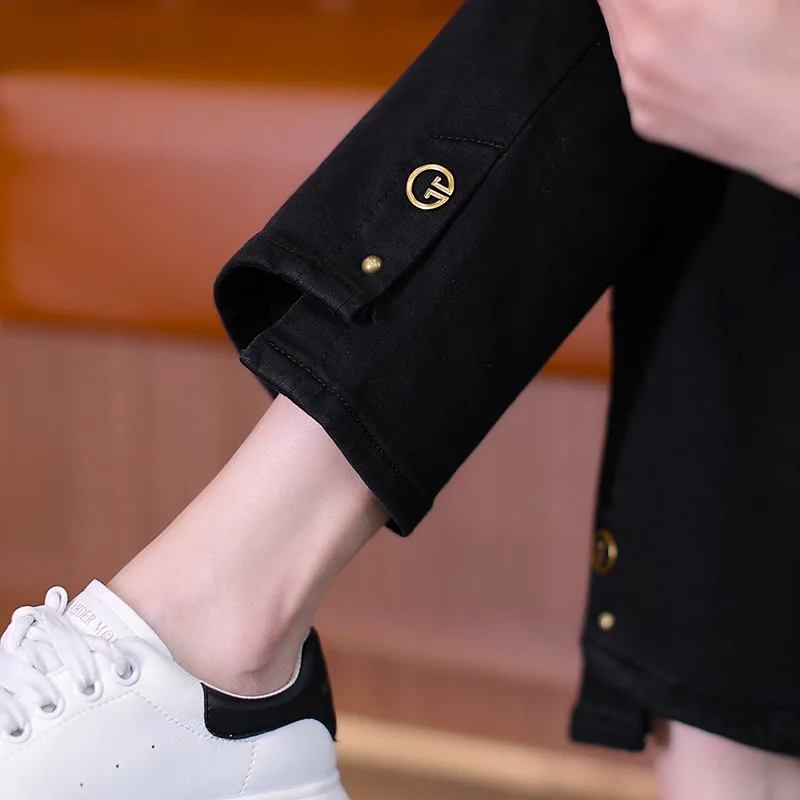 جينز رمادي أسمنتي عتيق للنساء، سروال مستقيم نحيف مبطن بالصوف للخريف، سروال حريم كاجوال