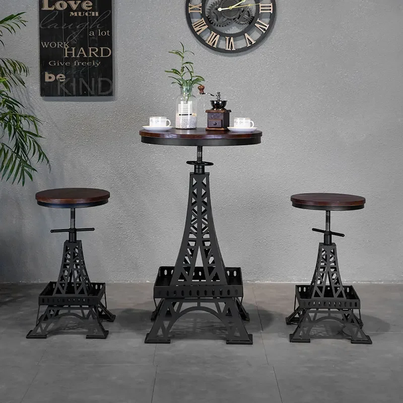 Iron & Solid Wood Bar Chair - Adjustable Paris Tower Stool - Industrial Style Creative Chair for Modern Cafe & Bar AZ