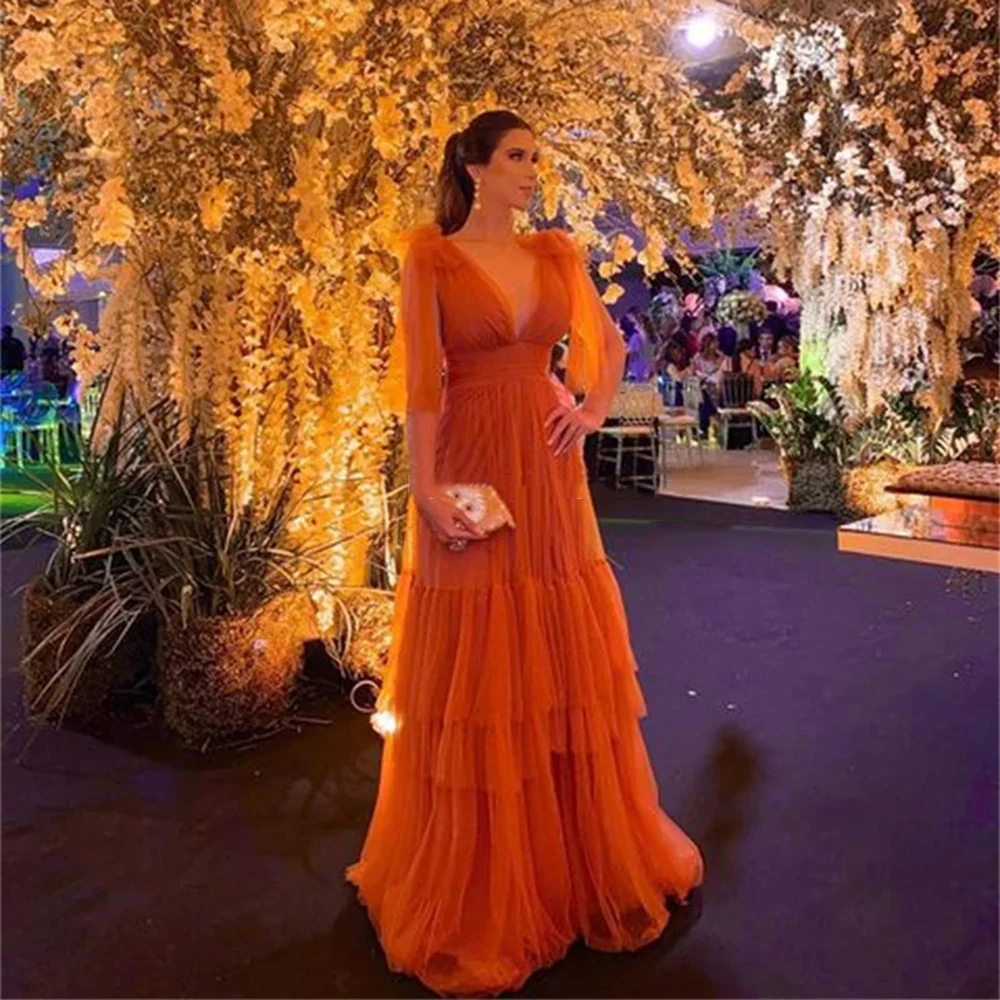 Customized Simple orange Tulle Evening Dresses Deep V-neck Tiered Draped Half Sleeves A-line Floor Length Pageant Party Gowns