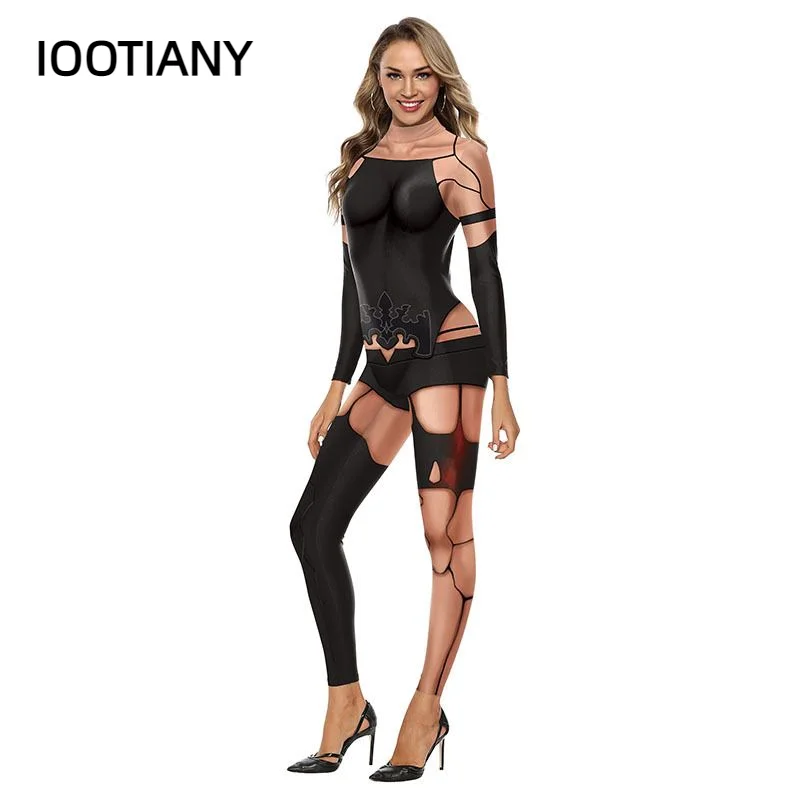 IOOTIANY Royal Sister Game Wind Print Sexy Bodysuits Women  Long Sleeve Cosplay New Party Black Silk Stockings Jumpsuits 2024