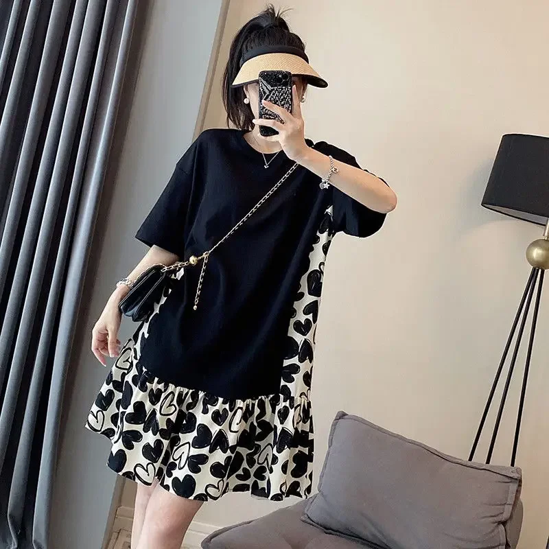 Zomer Zoete Print Patchwork O-hals Korte Mouw Oversized Midi Jurk Femme Koreaanse Losse Geplooide Pullover T-Shirt Jurken