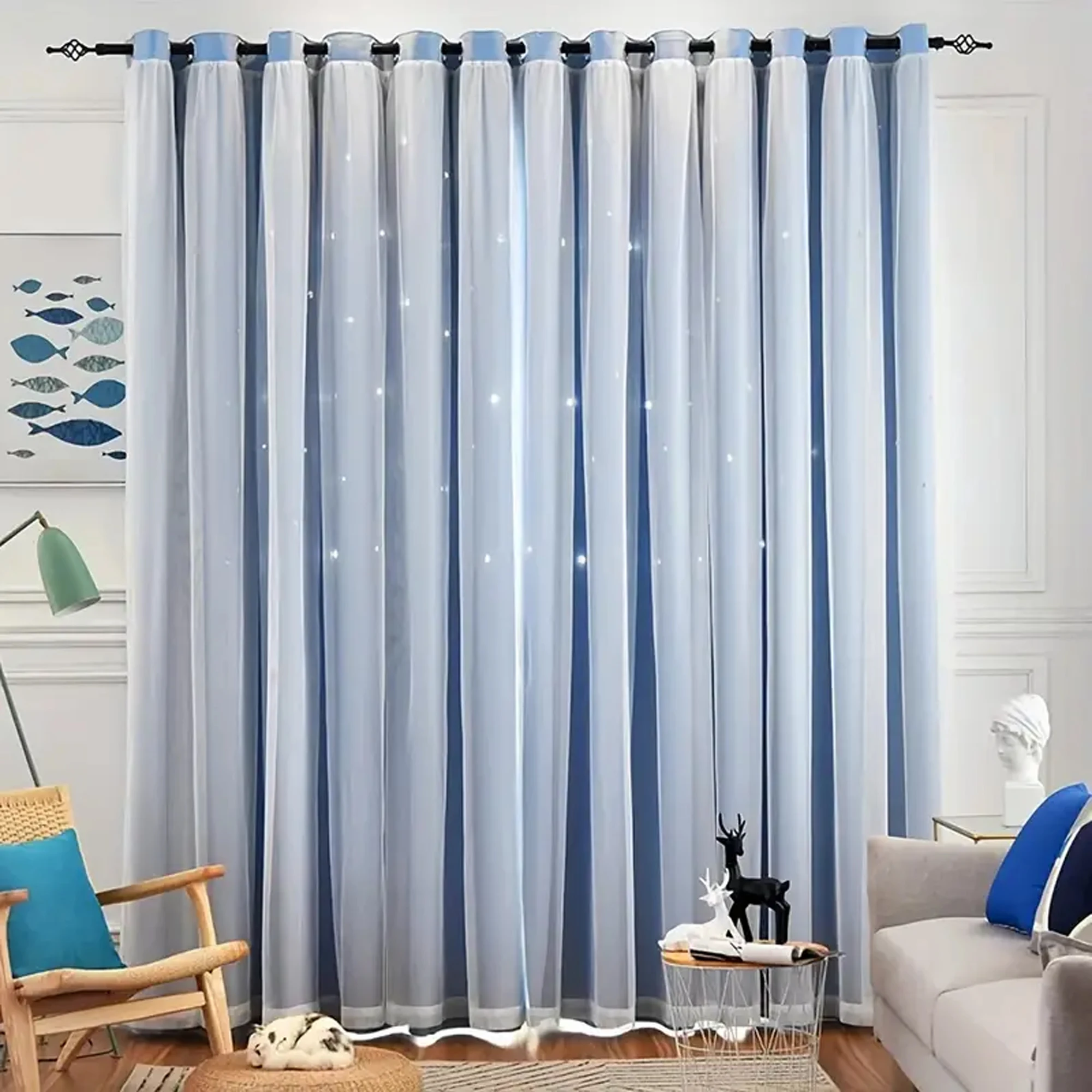 1pc Stylish Double Layer Sheer  Paired Curtains, Star Details, Blackout for Living Room,Bedroom,Cozy Dreamy Space