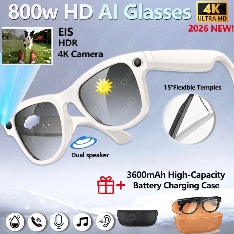 

2026 New 4K HD AI Smart Glasses 800MP Camera BT Call 290mAh Battery Translation OTA Updates 32GB Touch Control Smart Glasses