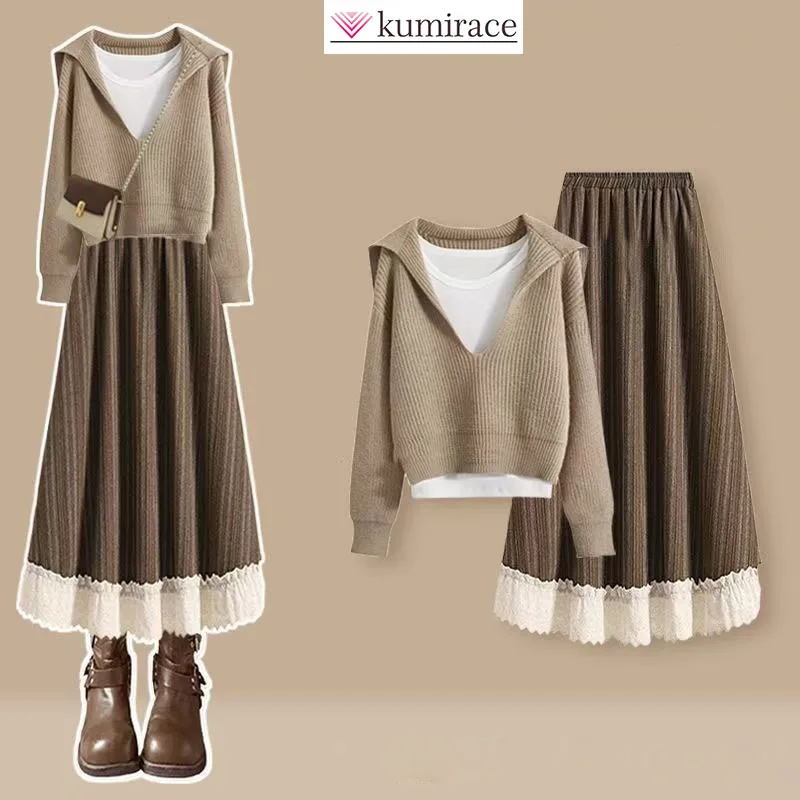 Autumn Temperament Set Women's Gentle and Age Reducing Sweater with Inner Straps and Spliced High Waisted Skirt Three Piece Set
