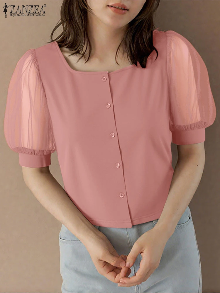 حجم كبير 5XL ZANZEA أنيقة مكتب سيدة قمصان النساء شبكة المرقعة بلوزة مثير ساحة طوق الصلبة عادية تونك بلوزات على الموضة