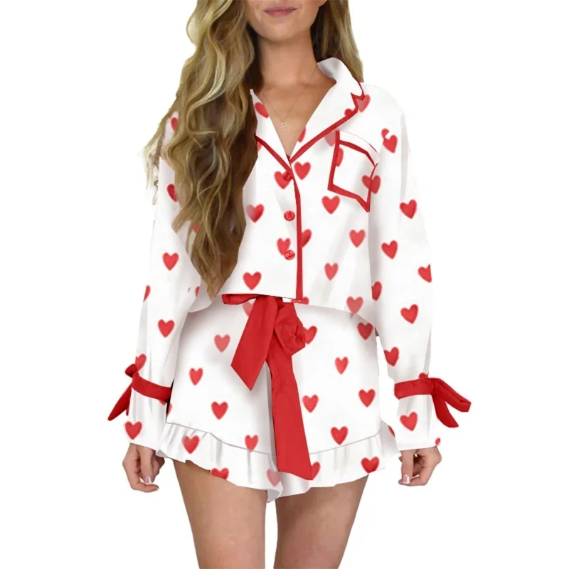 Lamuusaa Mommy and Me Pajamas Valentines Day Heart Print Single Breasted Long Sleeve Shirt Top and Ruffled Shorts Loungewear Set