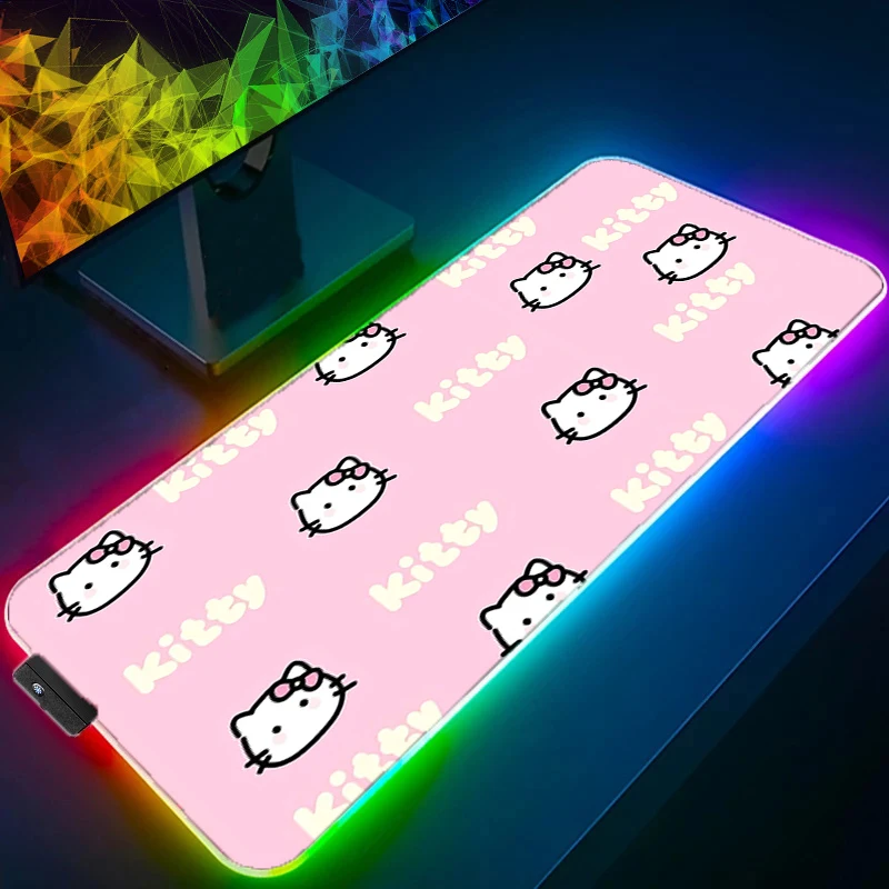 Imagem -02 - Rgb Led Mouse Pad Padrão Olá Kitty Bloqueio Borda Mousepad Grande Mouse Pad Computador Jogos Teclado de Borracha Mesa Kawaii