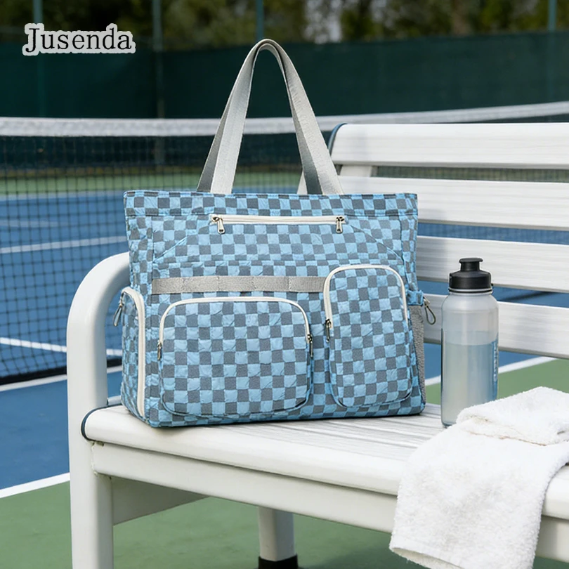 

Large Capacity Badminton Tennis Racket Bag Checkered Women's Shoulder Tote Bag with Shoe Compartment, Wet and Dry Separation