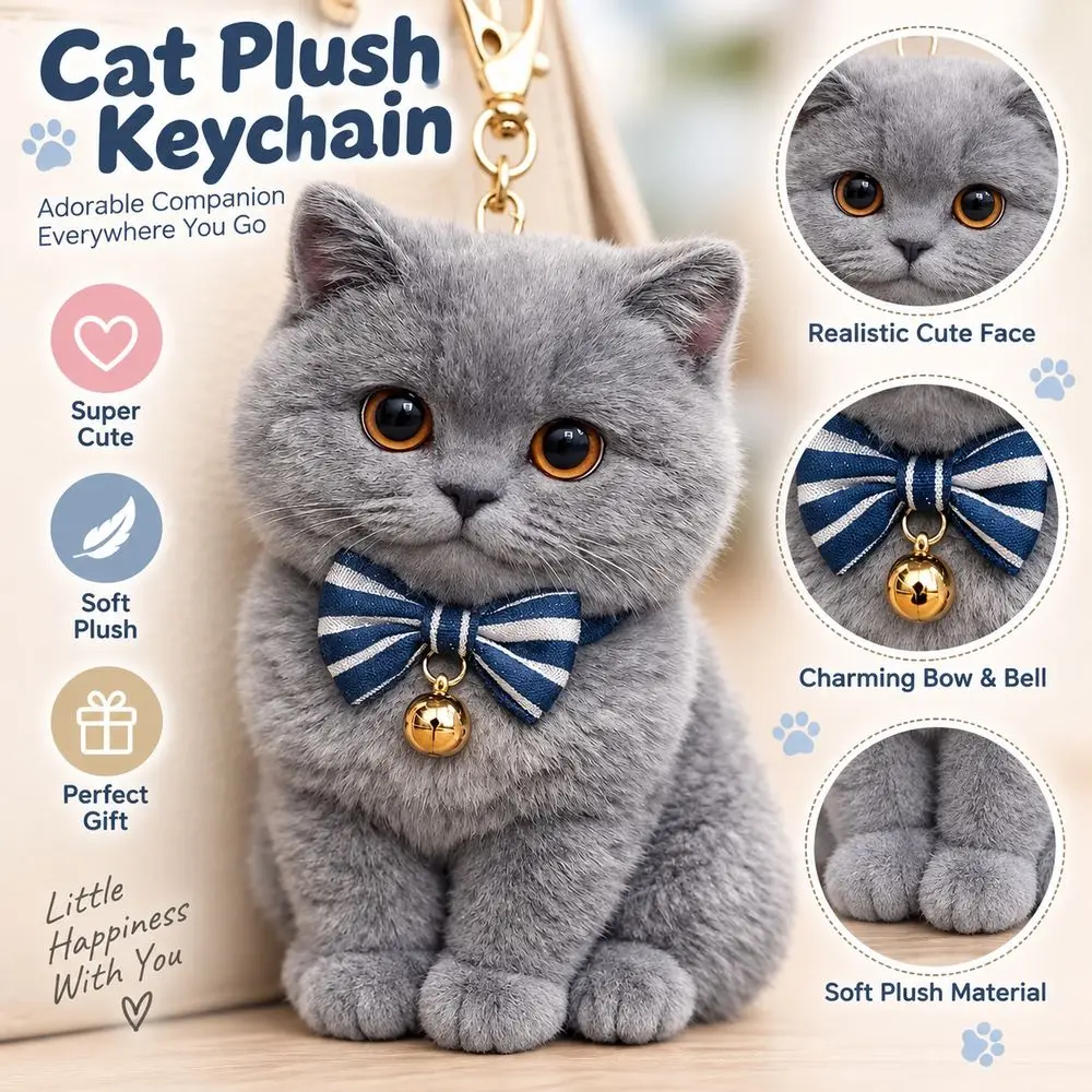 Gifts Soft Cat Keychain Gray Cat Bell Decoration Cat Bag Charm Bow Tie Cat Keychain Backpack Decoration