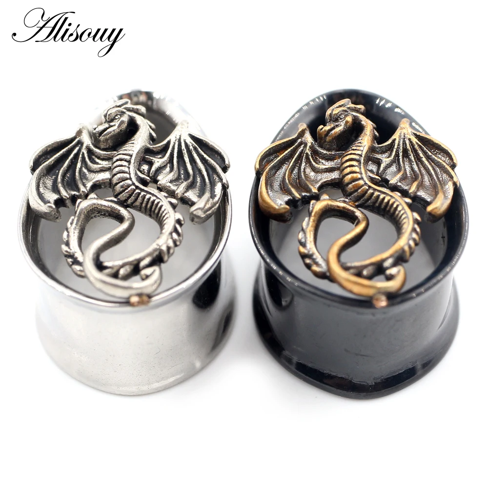 Alisouy 1PC 8-25mm Stainless Steel Water Drop Dinosaur Dragon Ear Tunnel Plugs Expanders Stretchers Gauges Piercing Body Jewelry