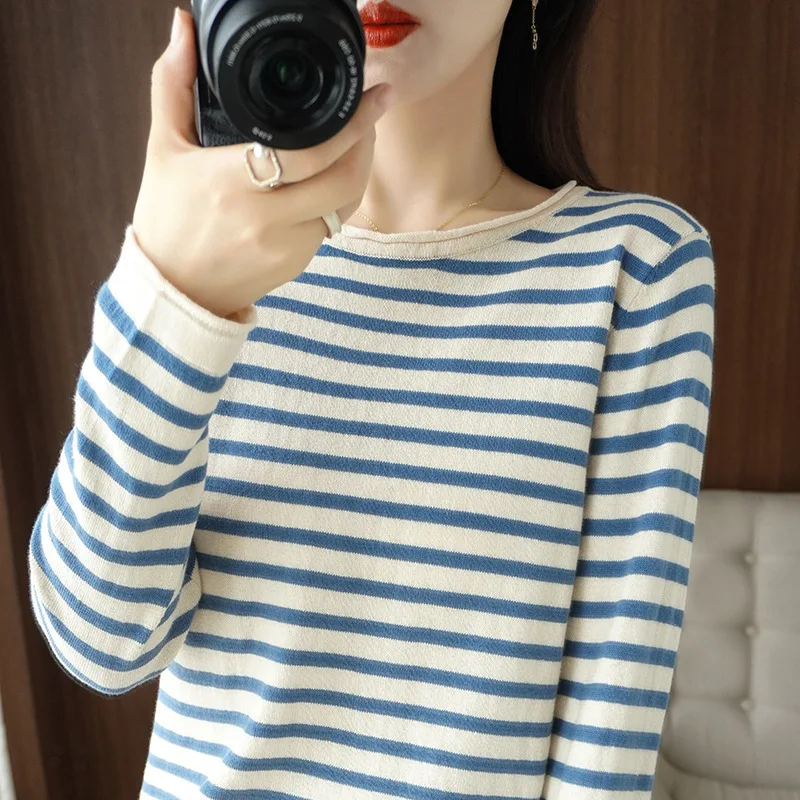 2023 Autumn Winter 100% cotton Sweater O-Neck Pullover Women\'s Striped Casual Long-sleeved Loose Knitted Sweater