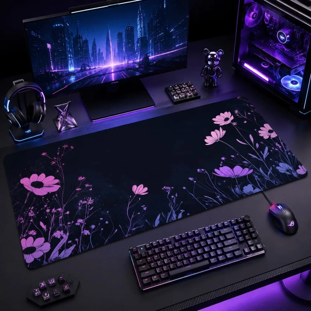 Purple floral print is suitable for ladies' girls' office home computer desk keyboard mouse pad - large size anti-slip surface