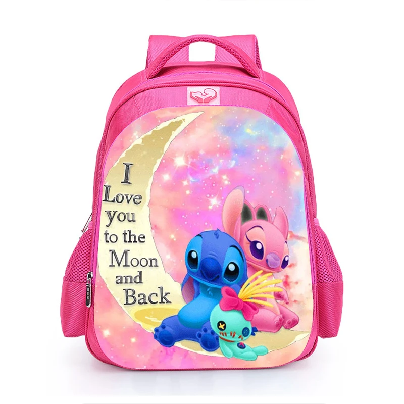 MINISO-Bolsa de escola rosa cartoon para estudantes, Lilo e Stitch, anime, kawaii, bolsa de escola primária para meninos e meninas