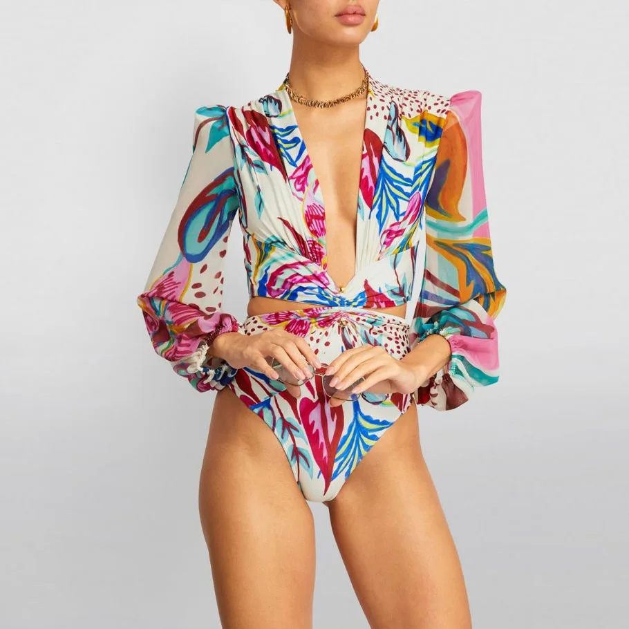 

One Piece Swimsuit For Women European And American Swimwear V-neck Long-sleeved Hollow Print One-piece Swimsuit Women
