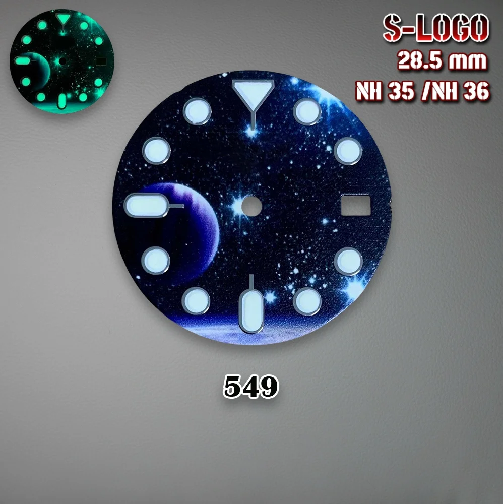 28.5 مللي متر NH35 الطلب S شعار الأرض القمر السماء المرصعة بالنجوم الهاتفي مناسبة لحركة NH35 C3 قوي الأخضر مضيئة ساعة تعديل Accessori