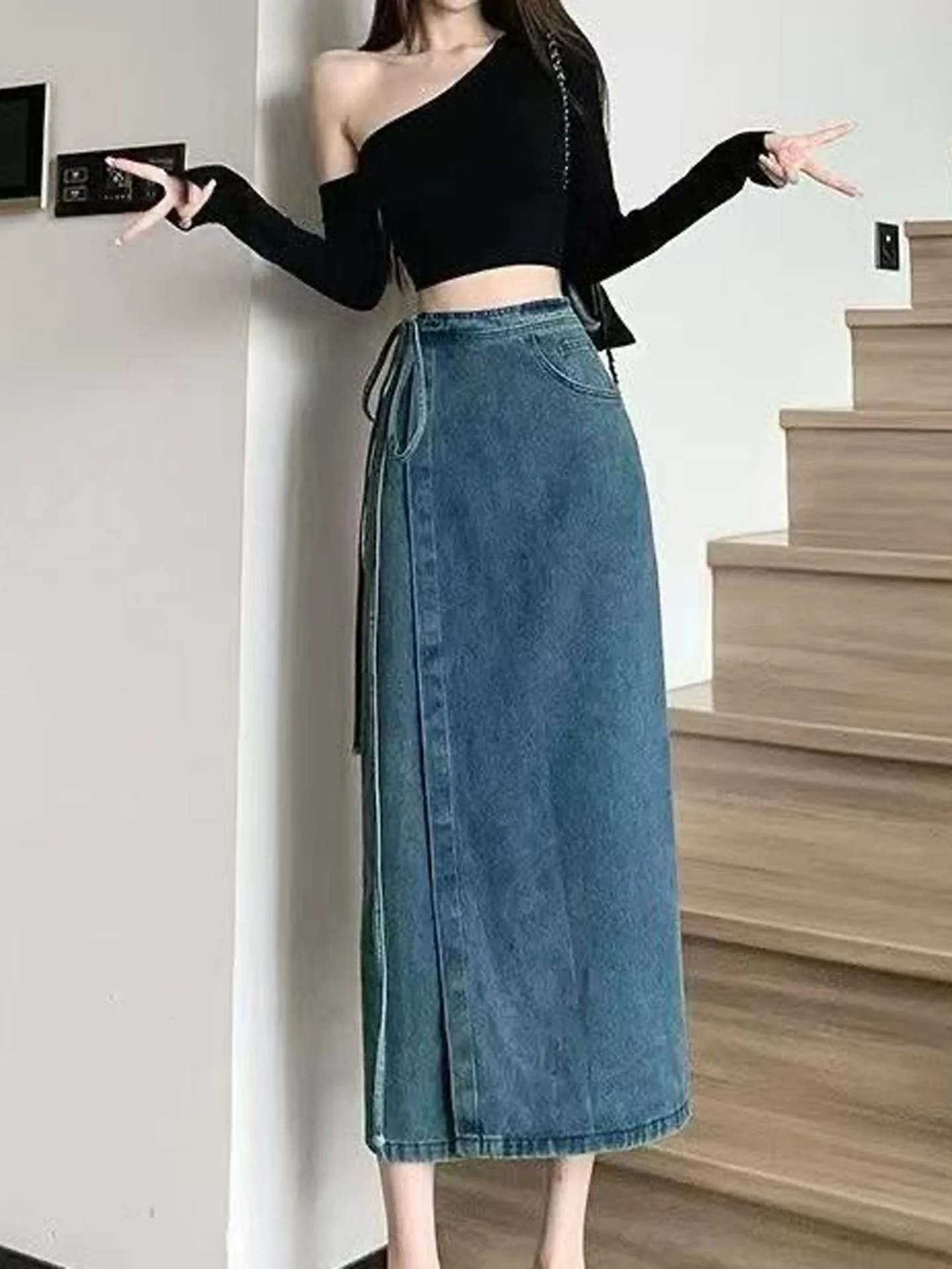 American Retro High Waist Denim  Skirt Women's Fashion Design Loose Slimming Long Split Skirt Casual High Waist Denim Skirt