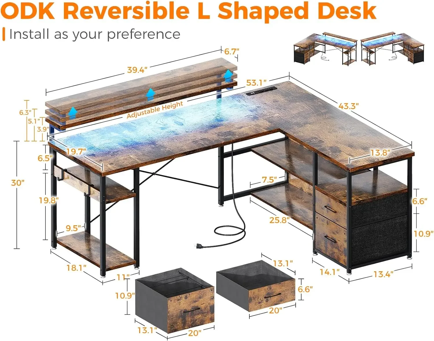 L Shaped Gaming Desk com Power Outlets e LED Strip, mesa do computador reversível com gaveta de arquivo, Home Office Desk