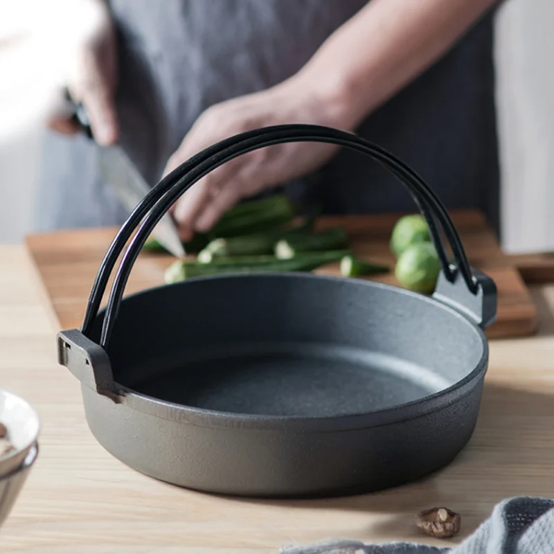 Japanese Thickened Cast Iron Sukiyaki Pot, Deep Stew Pot with Handle and Lid