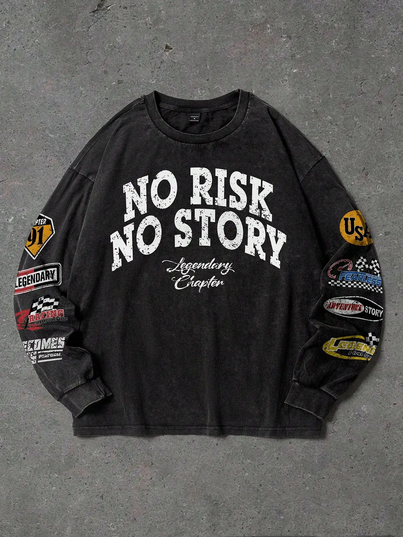 

Men's Distressed Graphic Long Sleeve Tee with Bold Slogan Print, Drop Shoulder Fit