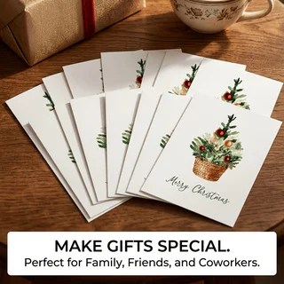 Christmas Greeting Cards 5/10 Pack Flat Holiday Note Cards Watercolor Christmas Tree Design Single Sided Blank Back for Personal