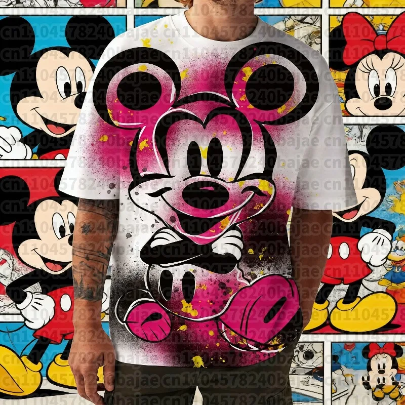 

2025-26 Summer Disney Mickey Mouse Print Fashionable Holiday Gift Men Round Neck Short Sleeved Oversized Hip Hop Clothing Boys